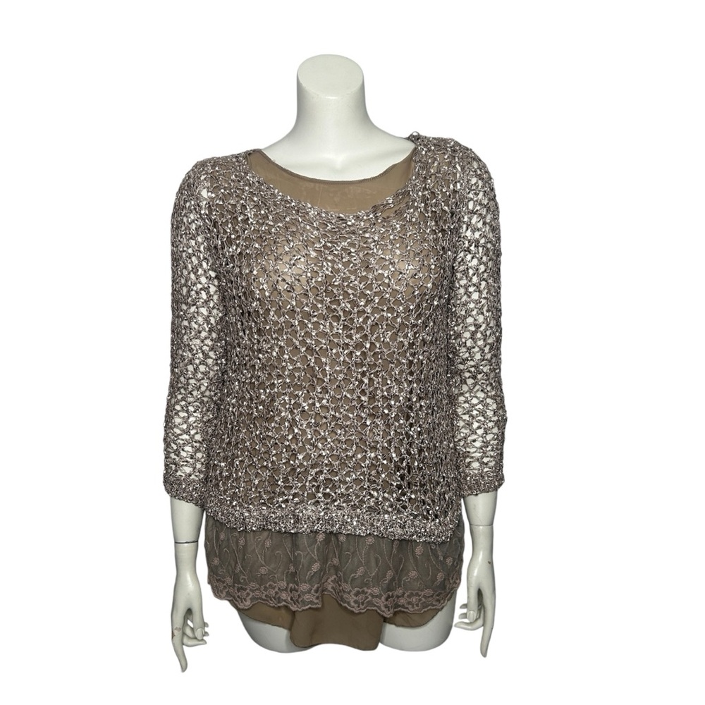 John Fashion Sweater Women's XL Brown Chiffon Uderlayers Open Knit Boho NEW